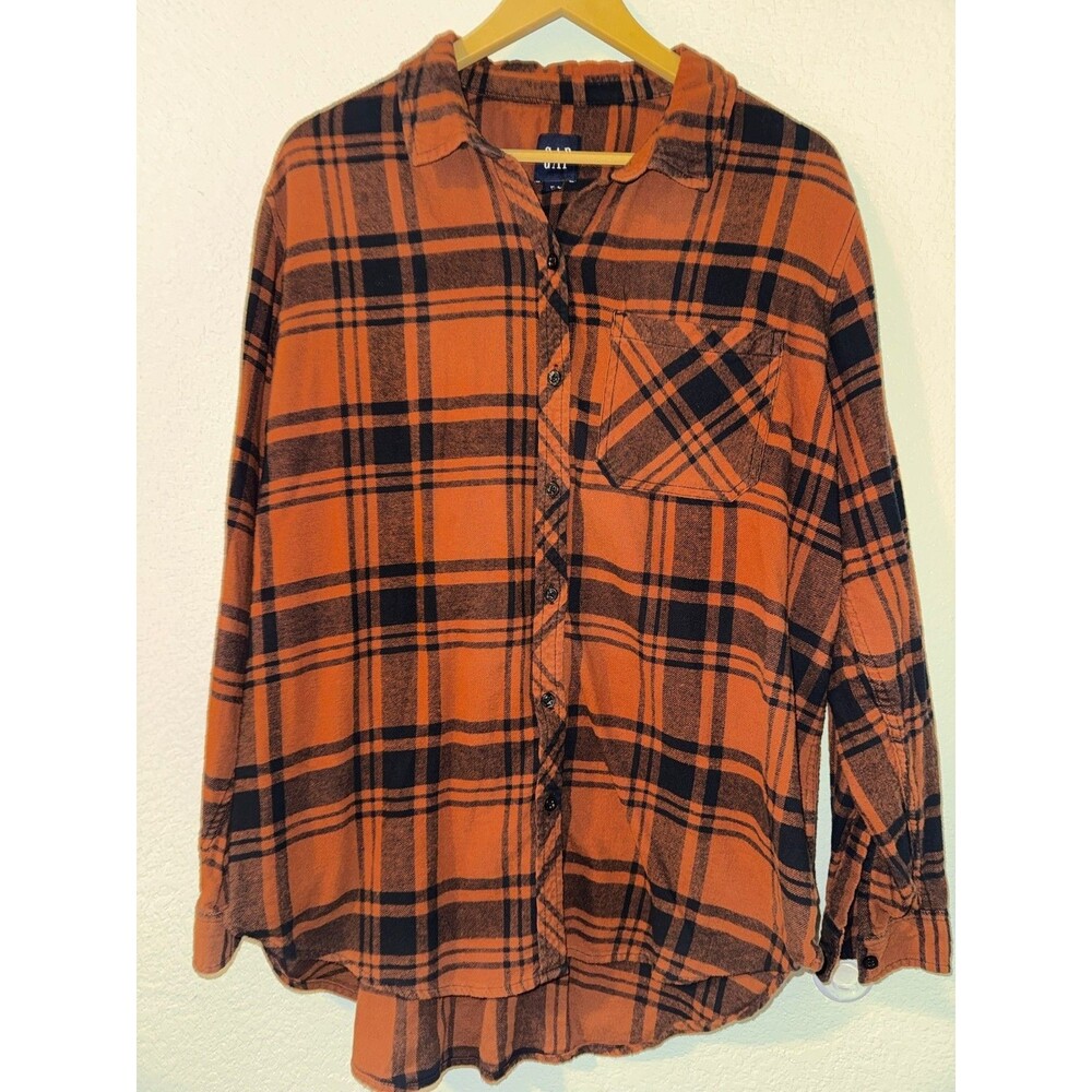 GAP Plaid Flannel Shirt Womens XL Orange Black Long Sleeve Button Up Fall